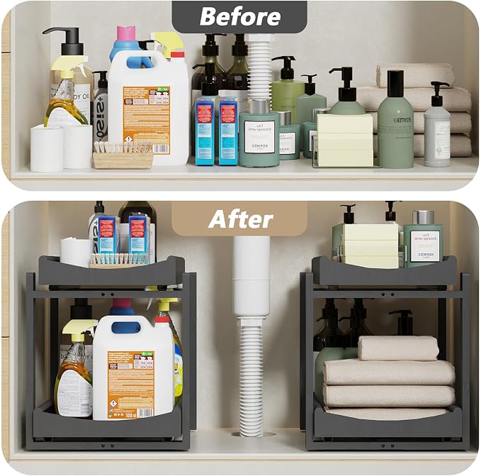 Bamboo Under Sink Organizer Adjustable Height 2 Tier Bathroom Organizer Pull - Image 6