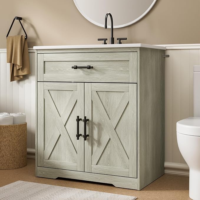 Amada 30″ Bathroom Vanity with Ceramic Sink, Farmhouse Undermount Vanity Sink by AMADAHOMEFURNISHING
