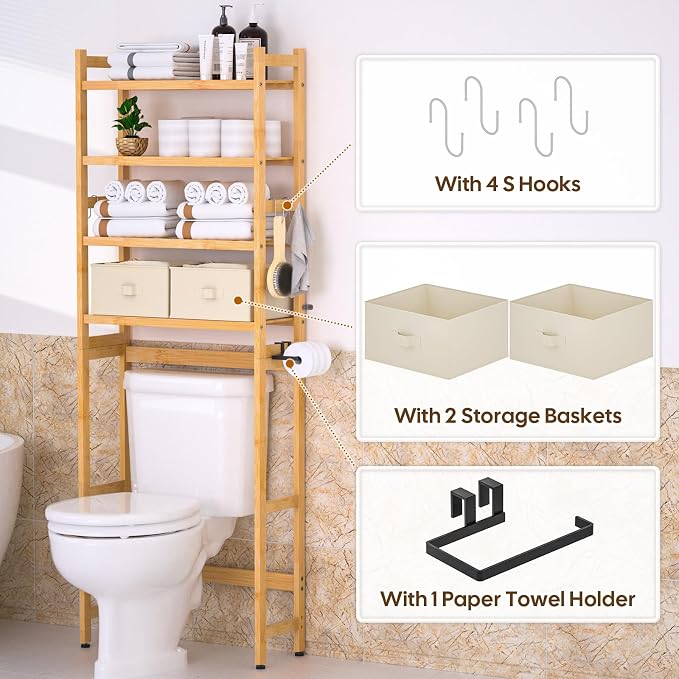 Over The Toilet Storage with 2 Baskets, 4-Tier Bamboo Organizer Rack with Paper - Image 4