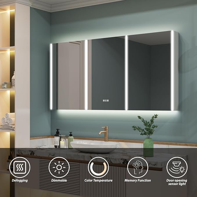 WELLFOR 60" x 30" LED Mirrored Bathroom Cabinet, Mirror Medicine Cabinet - Image 3