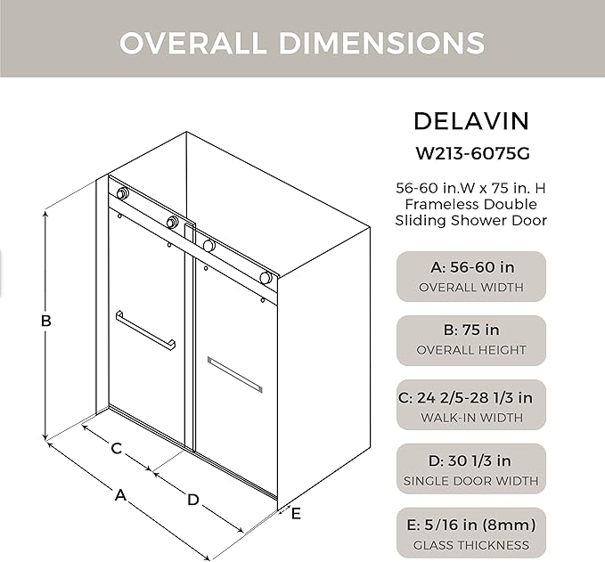 DELAVIN 56"-60" W x 75" H Frameless Shower Door, Double Sliding Shower Door - Image 8