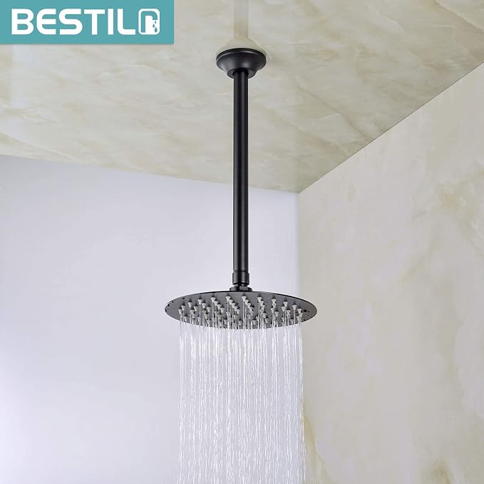 BESTILL 12 Inch Ceiling Mount Rain Shower Head Arm and Flange, Matte Black - Image 3