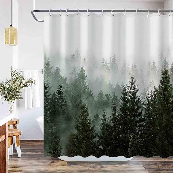 Aipon Green Misty Forest Shower Curtain Nature Tree Shower Curtain Set Dark - Image 3
