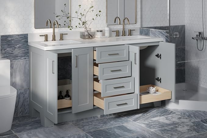 ARIEL Taylor 67" Grey Double Vanity, 1.5" Edge Pure White Quartz Countertop & - Image 3