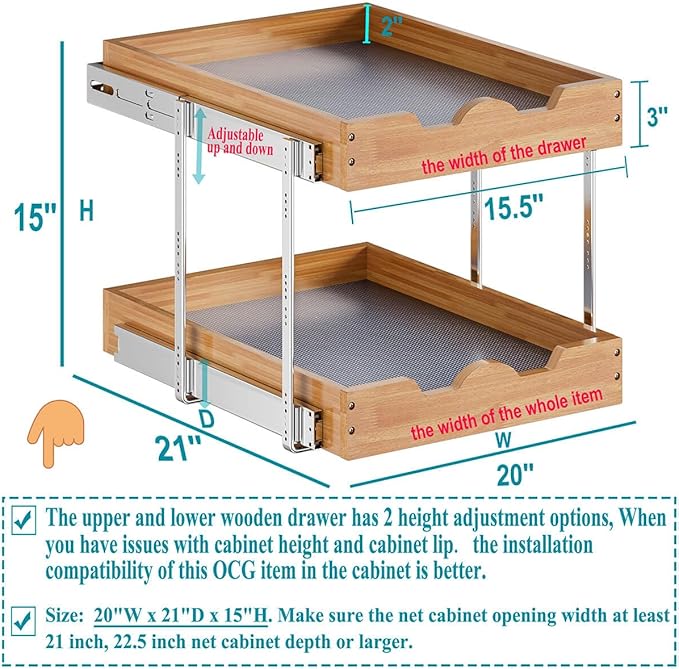OCG 2 Tier Pull Out Cabinet Organizer, Heavy-Duty Slide out Wood Drawer Shelf - Image 3