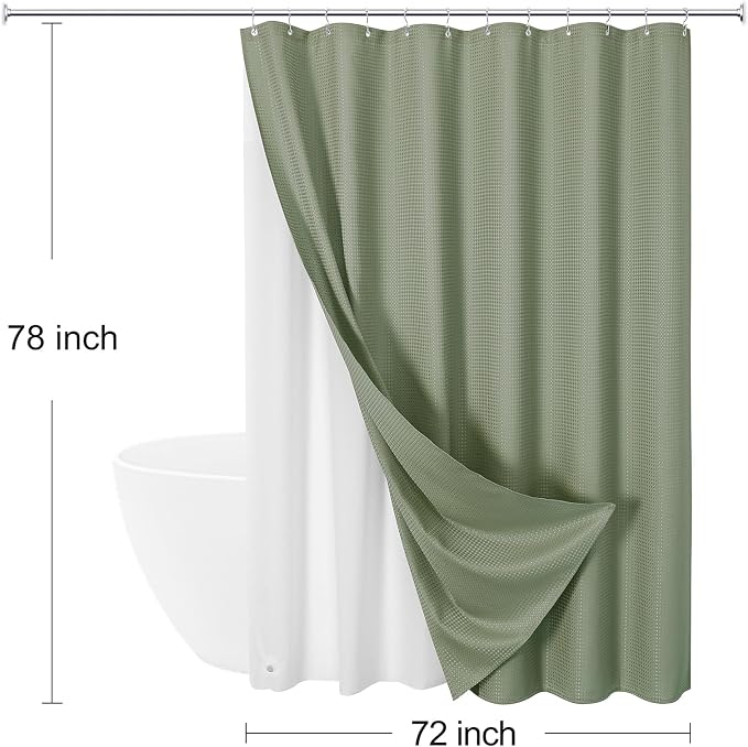 3 in 1 Long Shower Curtain Set-72 W x 78 H, Sage Green Waffle and PEVA Liner Set - Image 8