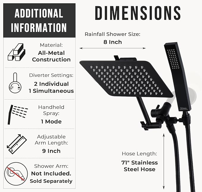 G-Promise All Metal 8 Inch Dual Square Shower Head - Image 6