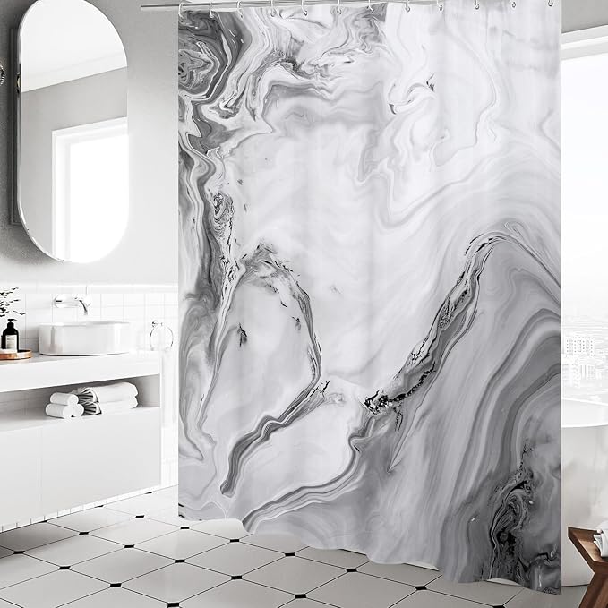 MitoVilla Grey Marble Small Stall Shower Curtain 36 x 72, Abstract Ombre Half - Image 2