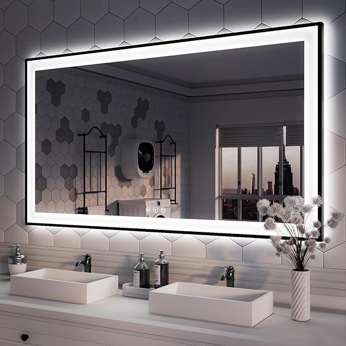 ISKM Framed LED Mirror for Bathroom 55"x30", Dimmable LED Bathroom Mirror by ISKM-IStillKeepMovin