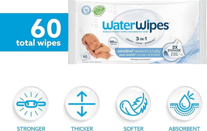 WaterWipes Sensitive+ Newborn & Baby Wipes, 3-In-1 Cleans, 99.9% Water - Image 2