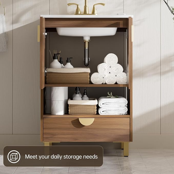 phiestina Walnut 24 Inch Bathroom Vanity, Fully Pre-Assembled Freestanding - Image 4