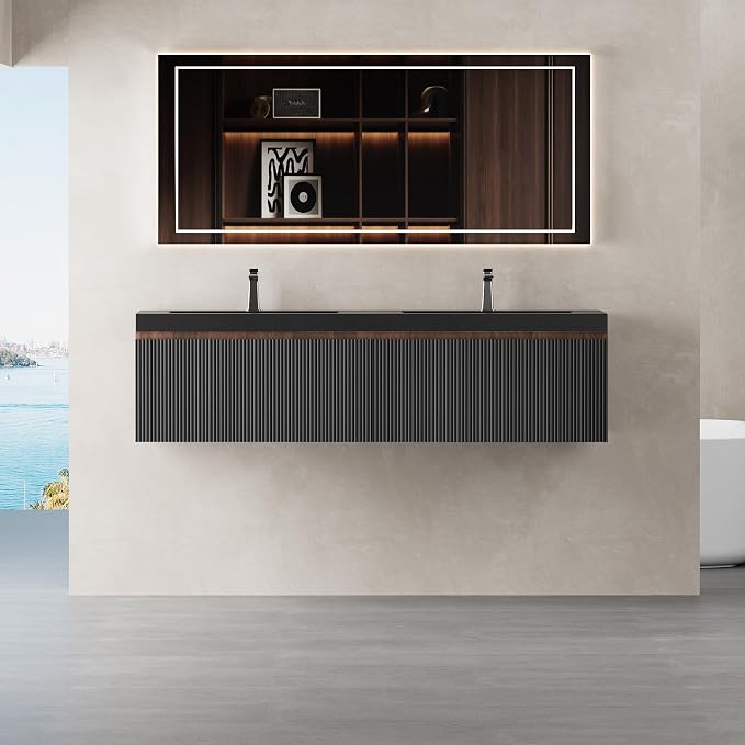 60'' Modern Floating Bathroom Vanity Sink Combo, Wall-Mounted Striped Cabinet - Image 9