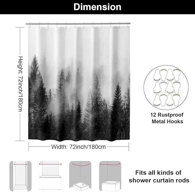 ORTIGIA Black and White Misty Forest Shower Curtain - Image 2