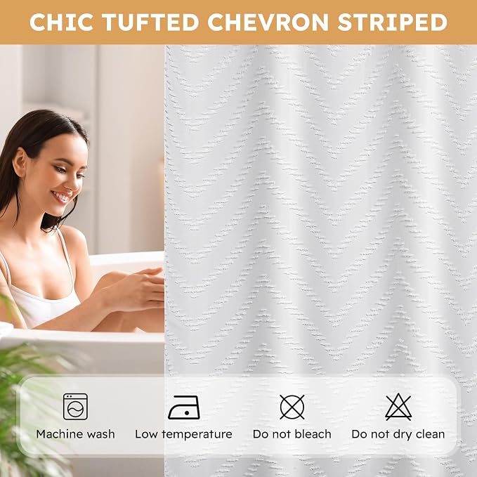No Hook Shower Curtain and Snap in Liner Set White Tufted Chevron Striped Cloth - Image 4