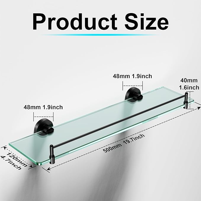 20 Inches Glass Shelves for Bathroom, Matte Black Floating Glass Shelf - Image 3