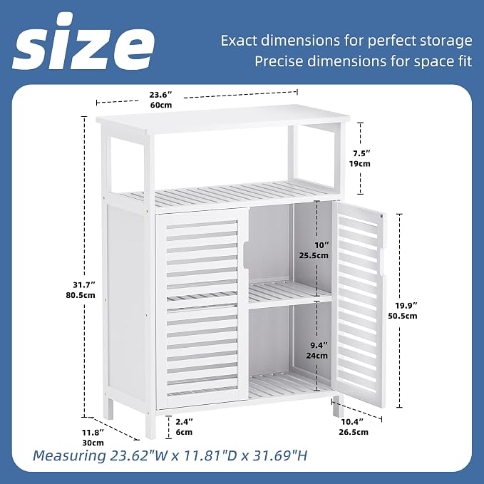 HITNET White Bathroom Cabinet, Bamboo Storage Cabinet Freestanding, Side Tall - Image 3