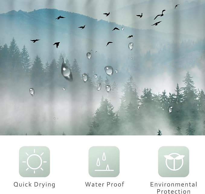 Riyidecor Green Mountain Shower Curtain 72Wx72H Inch Nature Scenery Foggy Pine - Image 5