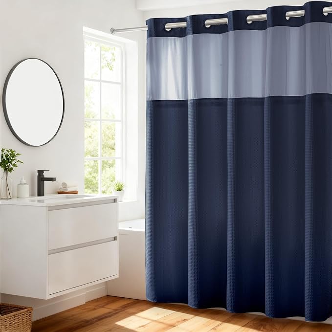 River Dream Heavyweight Navy Blue No Hooks Required Dotted Waffle Weave Shower by RiverDream