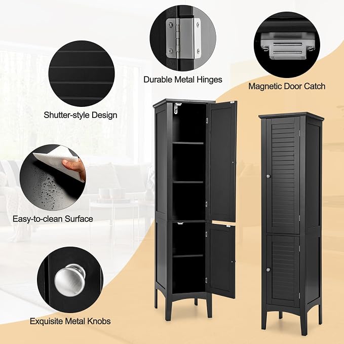 COSTWAY Tall Bathroom Storage Cabinet, 5-Tier Freestanding Linen Tower Cabinet - Image 6
