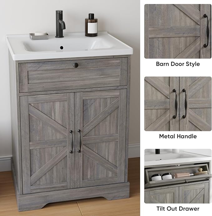 23.62" Bathroom Vanity with Ceramic Sink, Farmhouse Bathroom Vanity Cabinet - Image 3