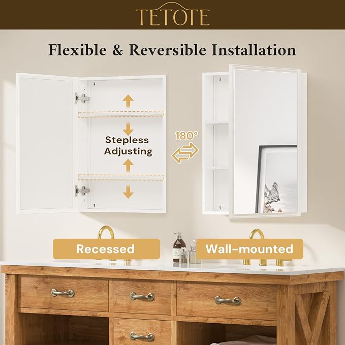 TETOTE White Medicine Cabinet 16" x 24" Bathroom Mirror - Image 9