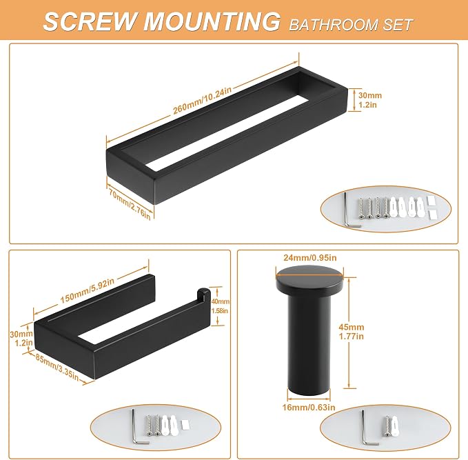 SAYAYO 6-Piece Bathroom Hardware Set Black, Includes 10 Inch Towel Bar - Image 7