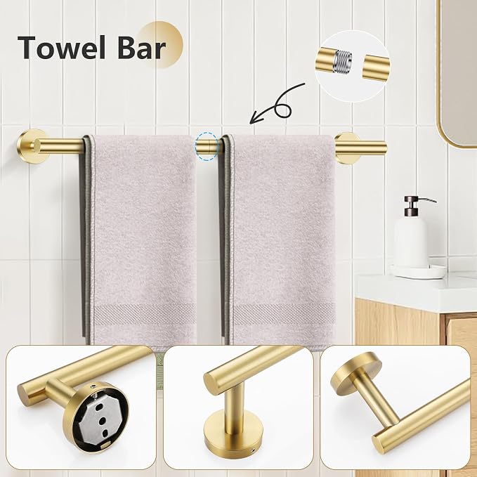 TNOMS 5-Piece Towel Bar Set Brushed Gold Bathroom Hardware Accessories Set - Image 2