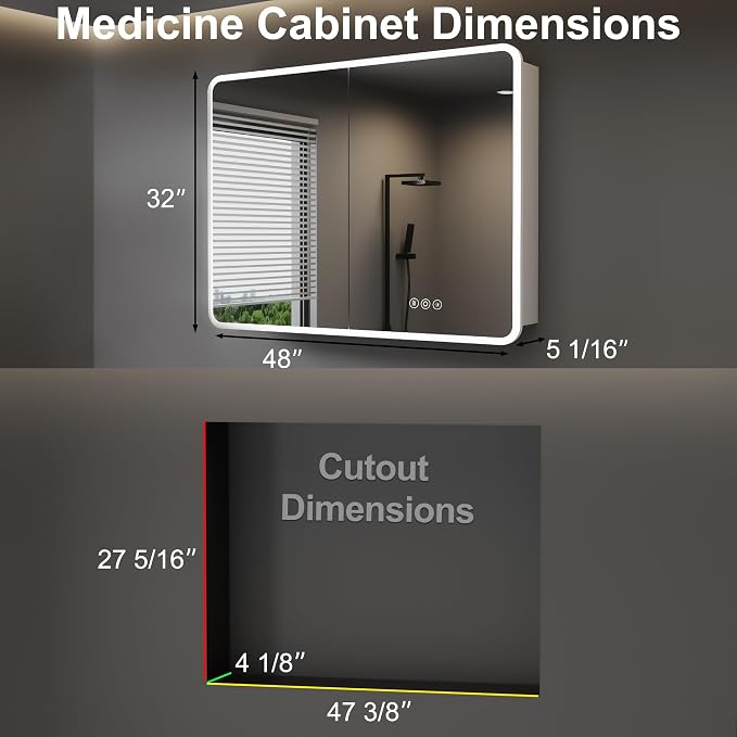 Medicine Cabinet with LED Lights and Mirror, 48 x 32 Inch Surface or Recessed - Image 2