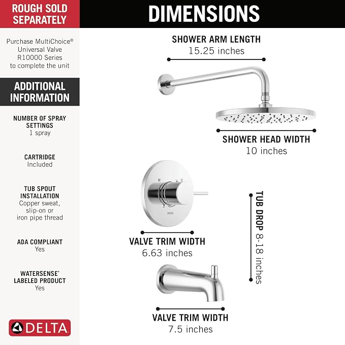 Delta Modern 14 Series Round Rain Bathtub and Shower Faucet Set, Rainfall - Image 3