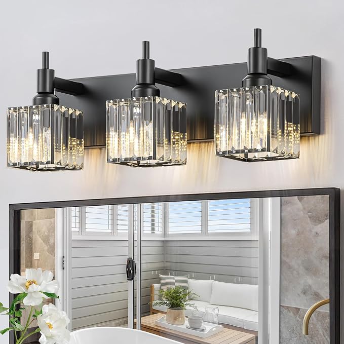 Black Crystal Bathroom Vanity Light 3-Light Modern Bathroom Lighting Fixtures by HUOKU