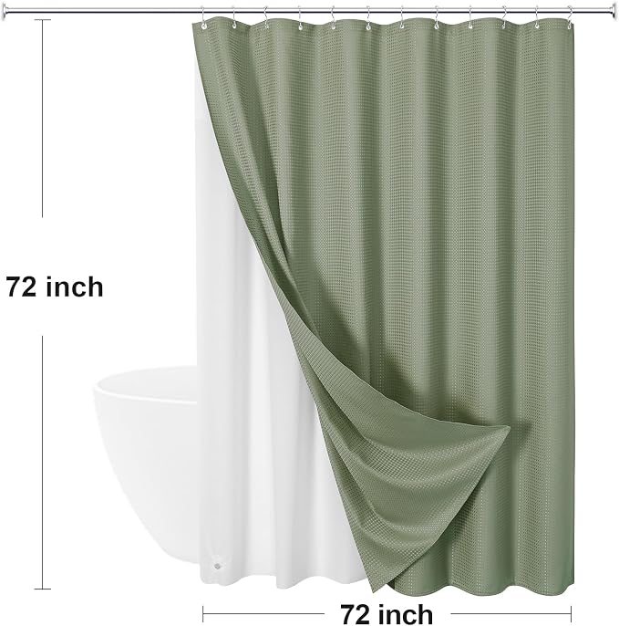 3 in 1 Shower Curtain Set, Sage Green Waffle Shower Curtain and PEVA Liner Set - Image 8