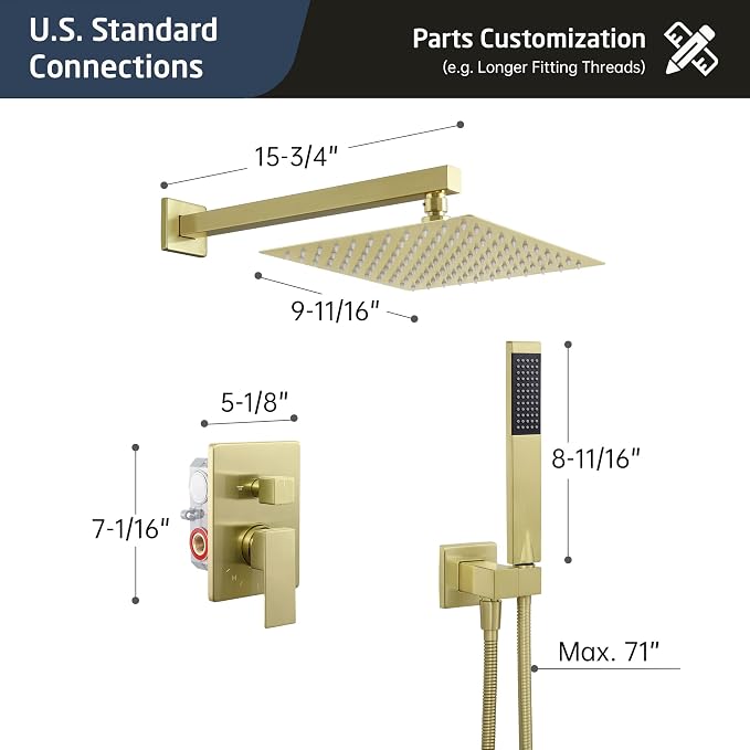 KES Gold Shower Faucet Set, Shower System 10 Inches Rain Shower Head - Image 7