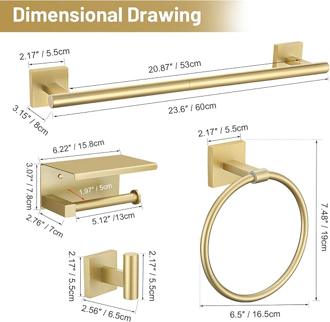 TURS 5-Pieces Brushed Gold Bathroom Hardware Set 23.6 Inch SUS304 Stainless - Image 6