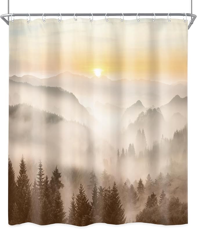 Riyidecor Misty Mountain Shower Curtain 60Wx72H Inch Brown Sunrise Nature - Image 8