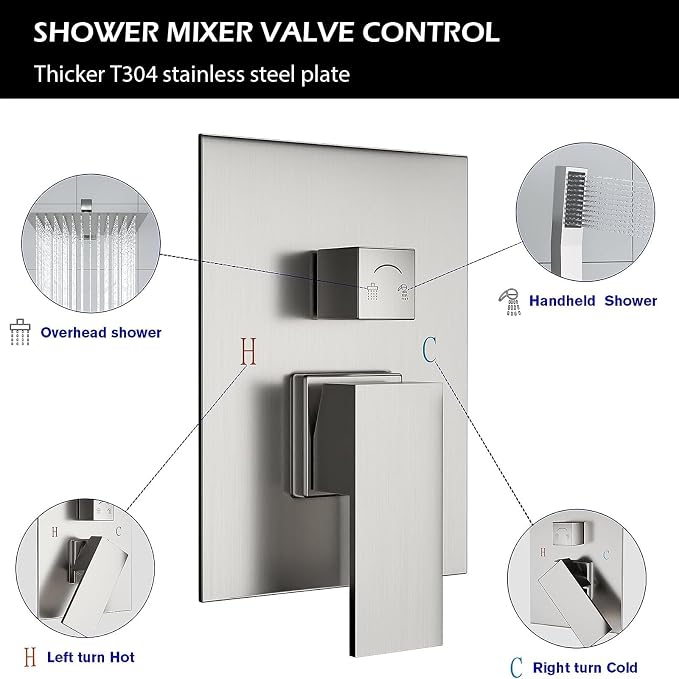 Lordear Rain Shower System 12 Inch Wall Mounted Shower Faucet Set, Brushed - Image 5
