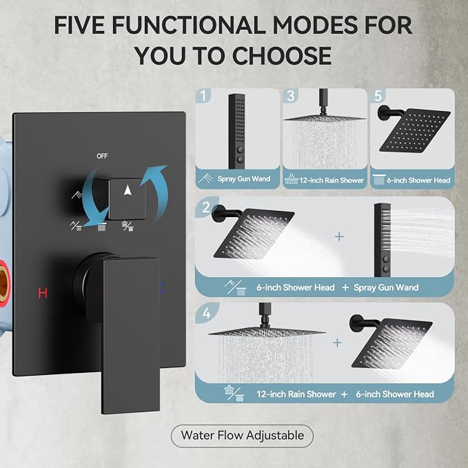 Shower Systems Matte Black Shower Faucet Sets, Bostingner Five Function - Image 3