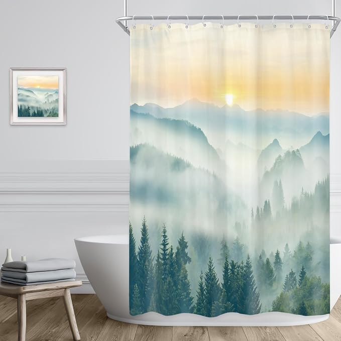 Riyidecor Small Stall Mountain Shower Curtain 48Wx72H Inch Rv Narrow Green - Image 3