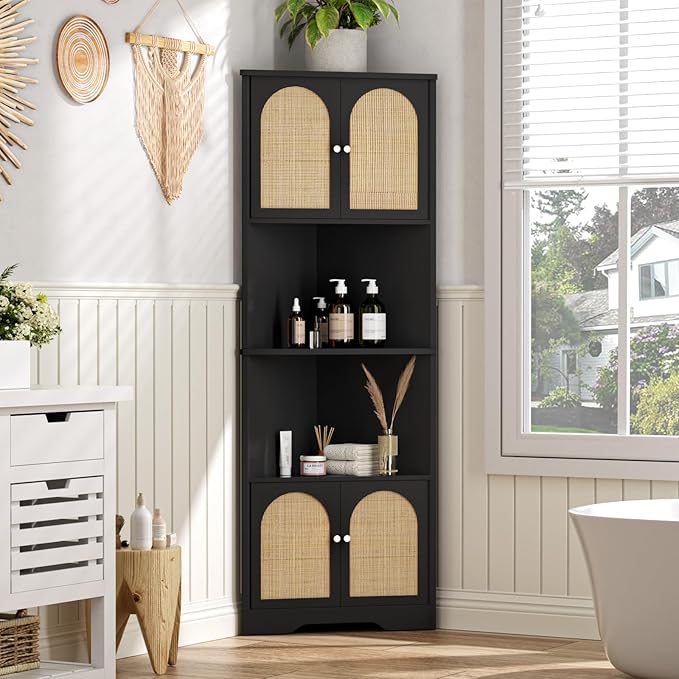 67''H Tall Corner Cabinet with Handmade Rattan Door, Rattan Storage Cabinet by FiveWillowise