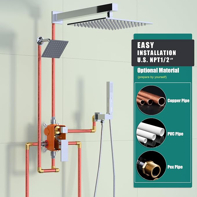 ENGA Shower Faucet Set, Dual Head Shower System 10" & 6" Square Rain Shower - Image 7