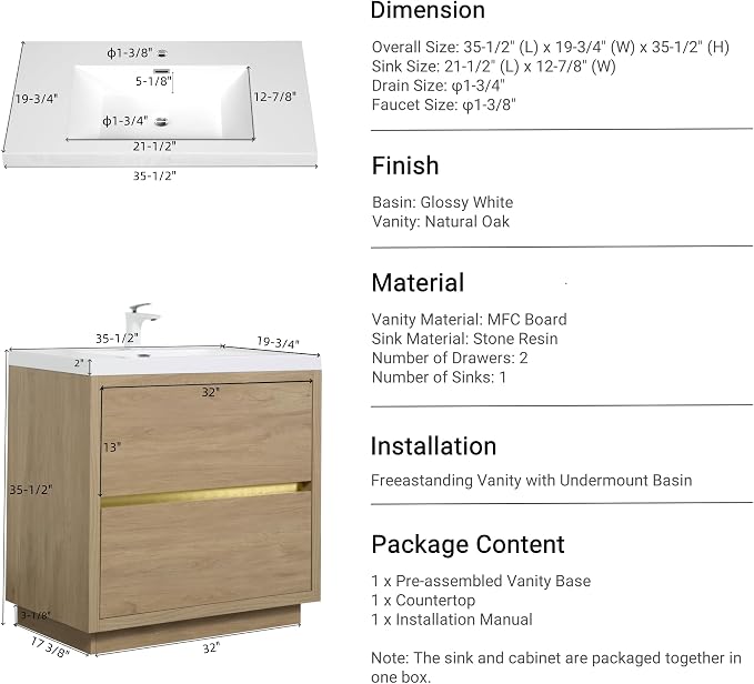 36 Inch Bathroom Vanity with Sink, Single Sink Bathroom Vanity, Freestanding - Image 5