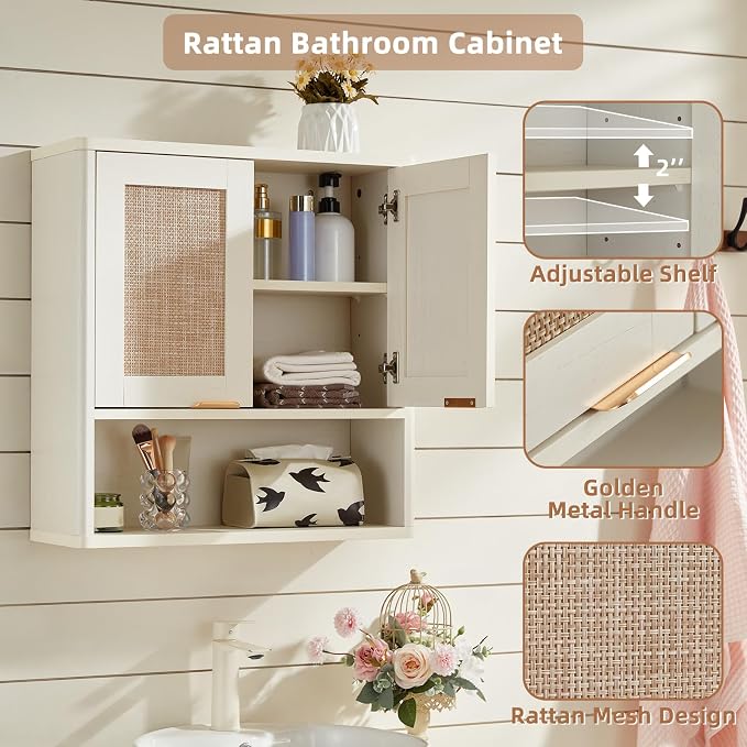 LEYAOYAO Rattan Bathroom Wall Cabinet, Boho Medicine Cabinet - Image 3