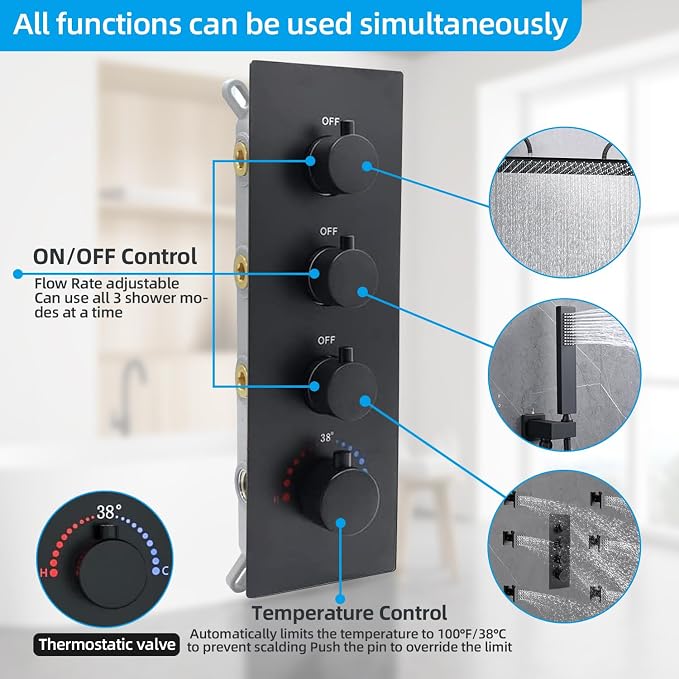 Matte Black Shower System 16 Inches Ceiling Mount Full Body Shower Faucet Set - Image 2