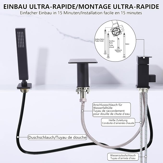 Roman Tub Faucet with Hand Shower, Matte Black Deck Mount Waterfall Tub Faucet - Image 5