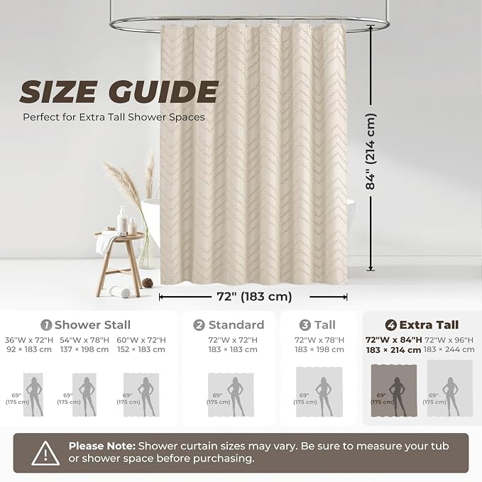 84 Inches Extra Long Beige Shower Curtain Boho Neutral Tufted Chevron Textured - Image 2