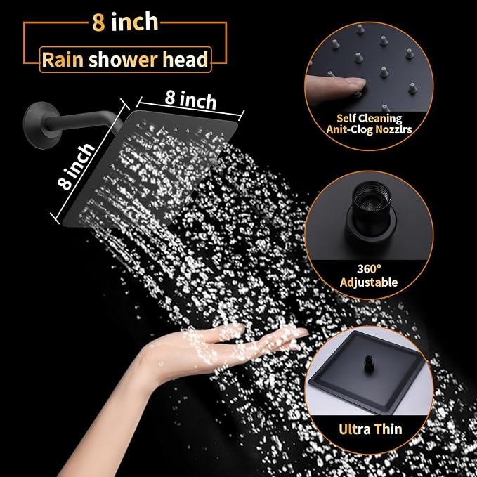 AYIVG Square 304 Stainless Steel 8 Inch Wall Mount Rain Shower head - Image 2