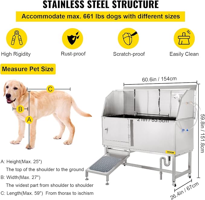 VEVOR Dog Grooming Tub, 304 Stainless Steel Pet Grooming Tub Rated 661LBS Load - Image 4