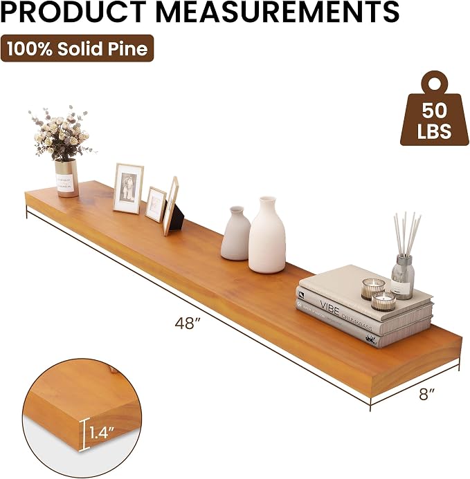 Vivelove Solid Wood Floating Shelves 48 Inches Long, 8”Deep x 1.4” Thick Wall - Image 3