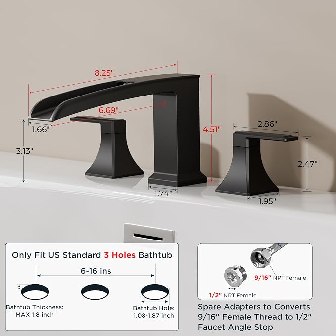 FORIOUS Waterfall Black Bathtub Faucet Set 3 Hole, 2 Handle Deck Mount Roman - Image 2
