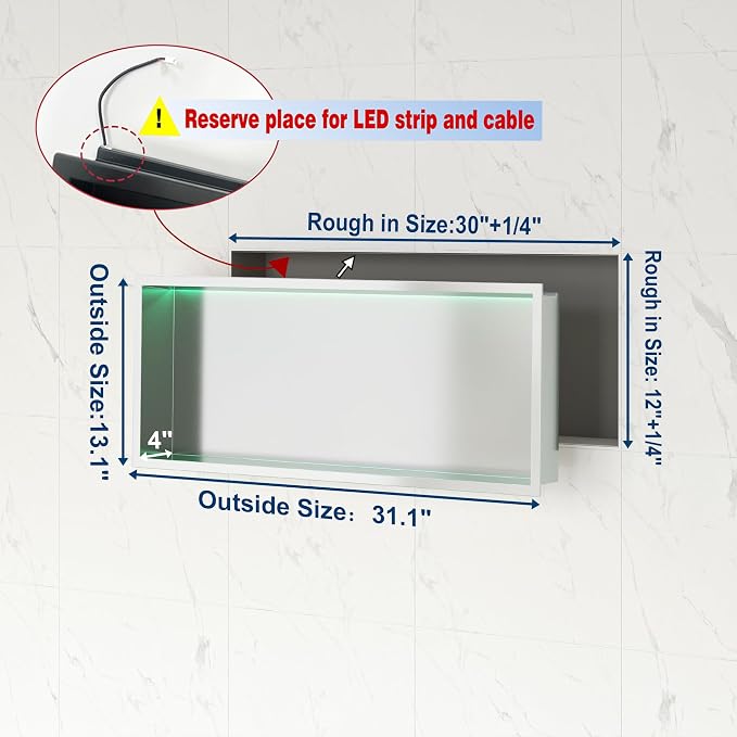 30X12 RGB Shower Niche, Brushed Nickel Stainless Steel LED Recessed Storage - Image 3