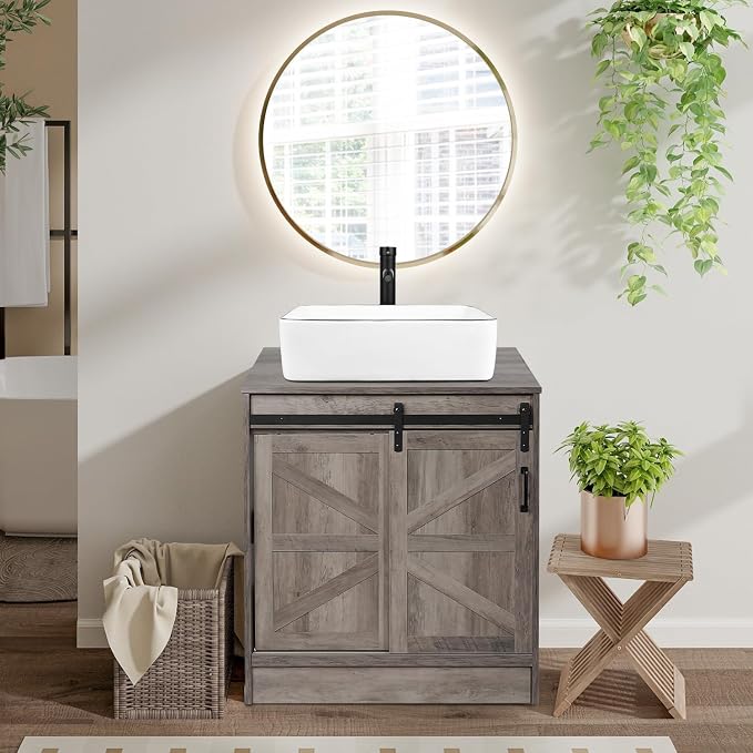 30" Barn Door Bathroom Vanity, Farmhouse Style Standing Pedestal Cabinet - Image 2